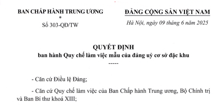 Đã có Quyết định 303-QĐ/TW Quy chế làm việc mẫu của đảng ủy cơ sở đặc khu