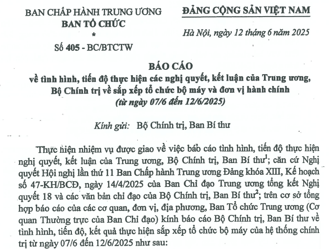 Đã có Báo cáo 405-BC/BTCTW về tiến độ sắp xếp bộ máy và đơn vị hành chính (từ 07 - 12/6)