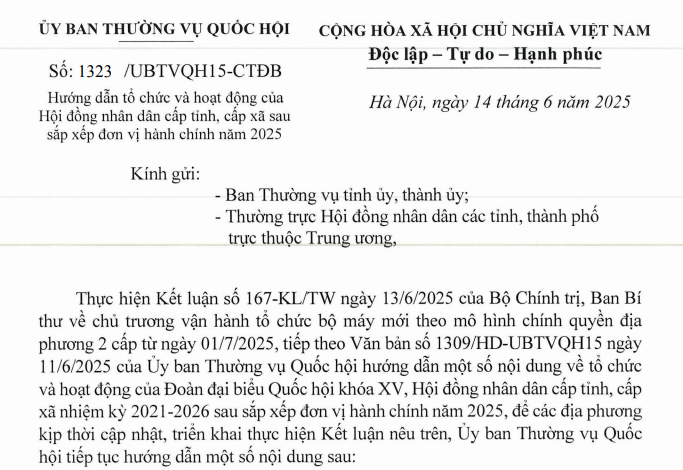 Đã có Công văn 1323/UBTVQH15-CTĐB hướng dẫn tổ chức hoạt động của HĐND cấp tỉnh, xã sau sáp nhập