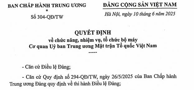 Đã có Quyết định 304-QĐ/TW tổ chức bộ máy Cơ quan Ủy ban Trung ương Mặt trận Tổ quốc Việt Nam