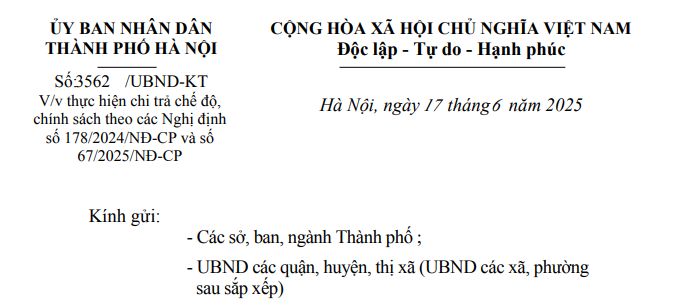 Công văn 3562: Hướng dẫn chi trả chế độ chính sách theo Nghị định 178/2024 và 67/2025 tại Hà Nội