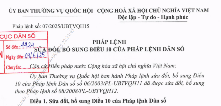 Đã có Pháp lệnh 07/2025/UBTVQH15 sửa đổi bổ sung Điều 10 Pháp lệnh Dân số