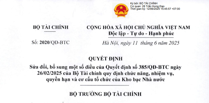 Quyết định 2020/QĐ-BTC: Chính thức sửa đổi cơ cấu tổ chức của Kho bạc Nhà nước