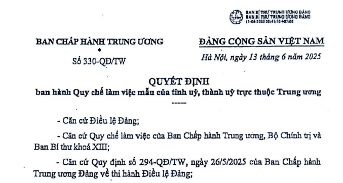 Đã có Quyết định 330-QĐ/TW về Quy chế làm việc mẫu của tỉnh uỷ, thành uỷ trực thuộc Trung ương