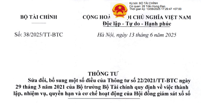 Đã có Thông tư 38/2025/TT-BTC sửa đổi Thông tư 22/2021/TT-BTC về Hội đồng giám sát xổ số