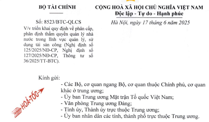 Công văn 8523: Chỉ đạo hoả tốc về tài sản công khi phân cấp, phân định thẩm quyền