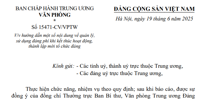Đã có Công văn 15471-CV/VPTW hướng dẫn về đảng phí khi kết thúc hoạt động, thành lập tổ chức đảng mới