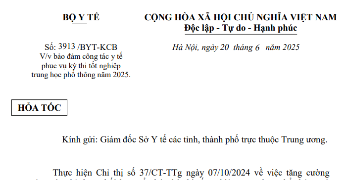 Công văn 3913: Chỉ đạo hỏa tốc về kỳ thi tốt nghiệp trung học phổ thông năm 2025 của Bộ Y tế