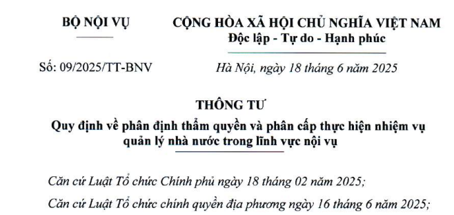 Đã có Thông tư 09/2025/TT-BNV phân định thẩm quyền quản lý Nhà nước lĩnh vực nội vụ