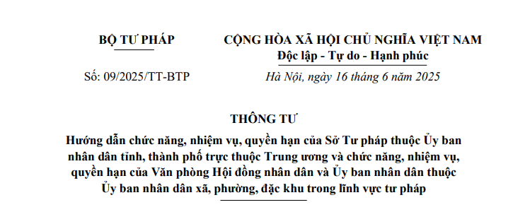 Đã có Thông tư 09/2025/TT-BTP hướng dẫn chức năng nhiệm vụ Sở Tư pháp và Văn phòng HĐND, UBND