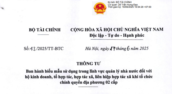 Đã có Thông tư 43/2025/TT-BTC danh sách biểu mẫu của hộ kinh doanh, hợp tác xã theo chính quyền địa phương 02 cấp