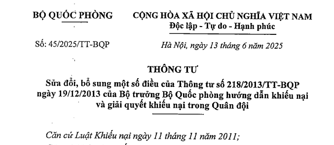 Đã có Thông tư 45/2025/TT-BQP sửa đổi Thông tư 218/2013 về khiếu nại và giải quyết khiếu nại