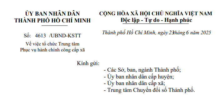 Công văn 4613: Hướng dẫn tổ chức Trung tâm Phục vụ hành chính công cấp xã tại TPHCM