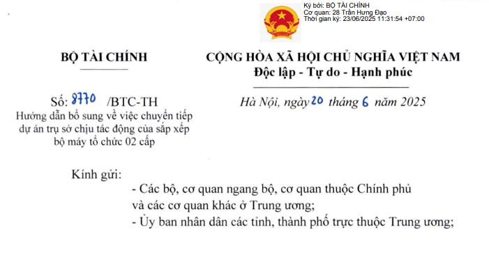 Hướng dẫn bổ sung về chuyển tiếp dự án trụ sở chịu tác động sắp xếp đơn vị hành chính (Công văn  8770)