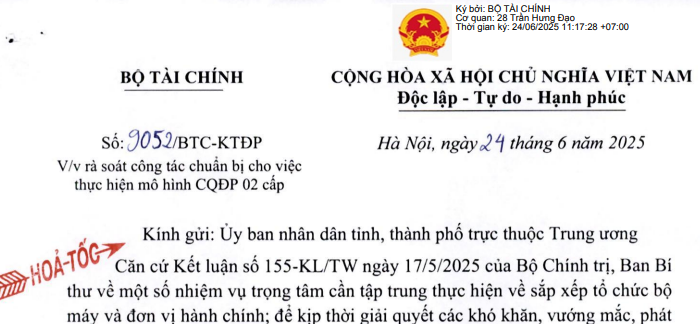 Công văn 9052: Chỉ đạo hỏa tốc về công tác chuẩn bị thực hiện mô hình chính quyền địa phương 02 cấp