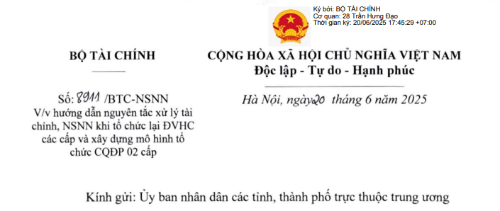 Công văn 8911: Hướng dẫn xử lý tài chính ngân sách nhà nước khi tổ chức lại đơn vị hành chính các cấp 