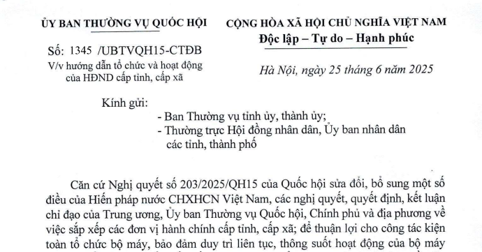 Đã có Công văn 1345/UBTVQH15-CTĐB hướng dẫn tổ chức và hoạt động của Hội đồng nhân dân các cấp