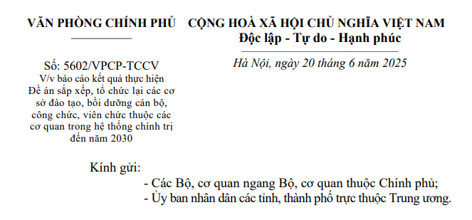 Công văn 5602: Hướng dẫn báo cáo Đề án tổ chức lại các cơ sở đào tạo bồi dưỡng cán bộ công chức