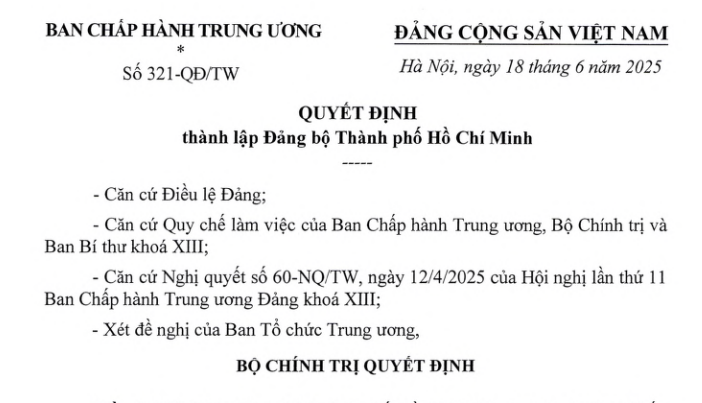 Toàn văn Quyết định 321-QĐ/TW về việc thành lập Đảng bộ Thành phố Hồ Chí Minh