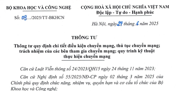 Đã có Thông tư 09/2025/TT-BKHCN về điều kiện, thủ tục và trách nhiệm chuyển mạng