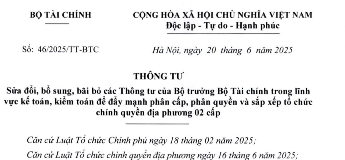 Đã có Thông tư 46/2025/TT-BTC sửa đổi quy định về kế toán kiểm toán theo chính quyền địa phương 02 cấp