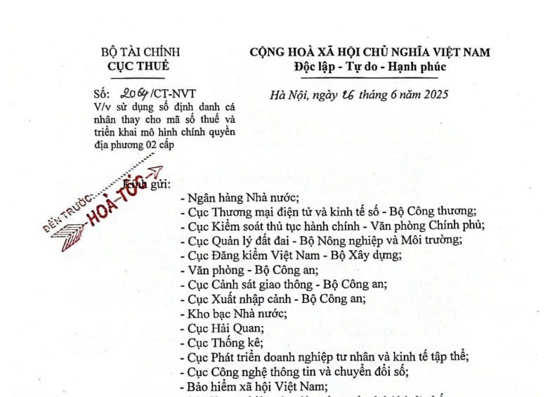 Công văn hỏa tốc Cục Thuế về sử dụng số định danh cá nhân thay mã số thuế (Công văn 2064/CT-NVT) 