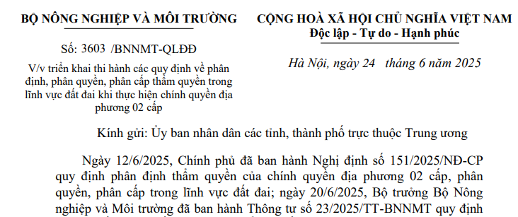 Công văn 3603: Hướng dẫn thi hành các quy định về đất đai theo chính quyền địa phương 02 cấp