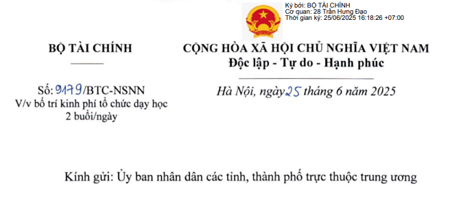 Công văn 9179/BTC-NSNN hướng dẫn bố trí kinh phí tổ chức dạy học 2 buổi/ngày 