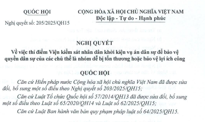 Đã có Nghị quyết 205/2025/QH15 thí điểm Viện kiểm sát nhân dân khởi kiện vụ án dân sự