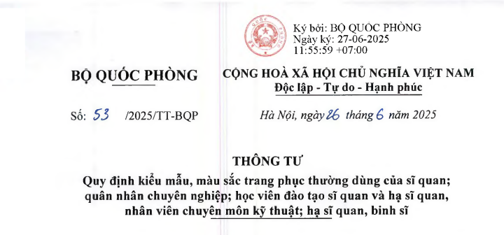 Đã có Thông tư 53/2025/TT-BQP quy định kiểu mẫu, màu sắc trang phục thường dùng của quân nhân