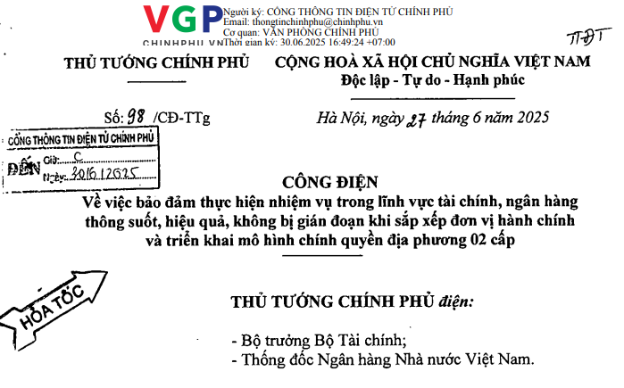 Đã có Công điện 98/CĐ-TTg hướng dẫn thực hiện nhiệm vụ về tài chính ngân hàng khi sắp xếp đơn vị hành chính 