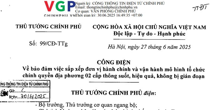 Đã có Công điện 99/CĐ-TTg về sắp xếp đơn vị hành chính và vận hành chính quyền địa phương 02 cấp