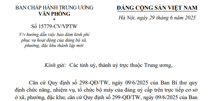 Toàn văn Công văn 15779-CV/VPTW hướng dẫn kinh phí phục vụ hoạt động của đảng bộ cấp xã thành lập mới