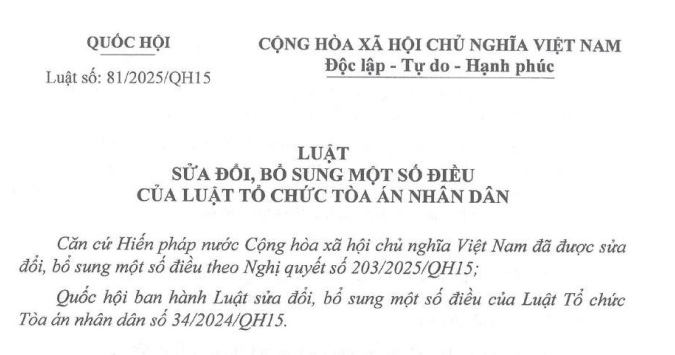 Đã có Luật sửa đổi Luật Tổ chức Tòa án nhân dân 2024, Luật số 81/2025/QH15