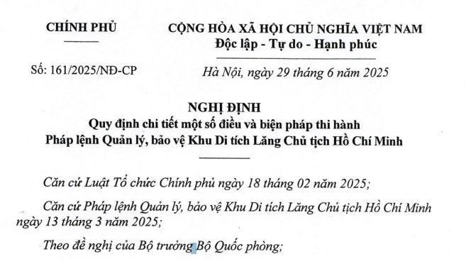 Đã có Nghị định 161/2025/NĐ-CP hướng dẫn Pháp lệnh Quản lý bảo vệ Khu Di tích Lăng Chủ tịch Hồ Chí Minh