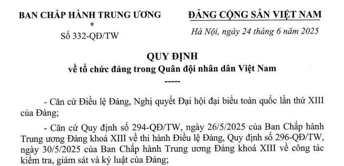 Đã có Quy định 332-QĐ/TW về tổ chức đảng trong Quân đội nhân dân Việt Nam