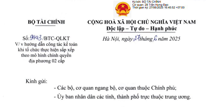 Công văn 9443: Hướng dẫn công tác kế toán khi tổ chức thực hiện sắp xếp theo chính quyền địa phương 02 cấp