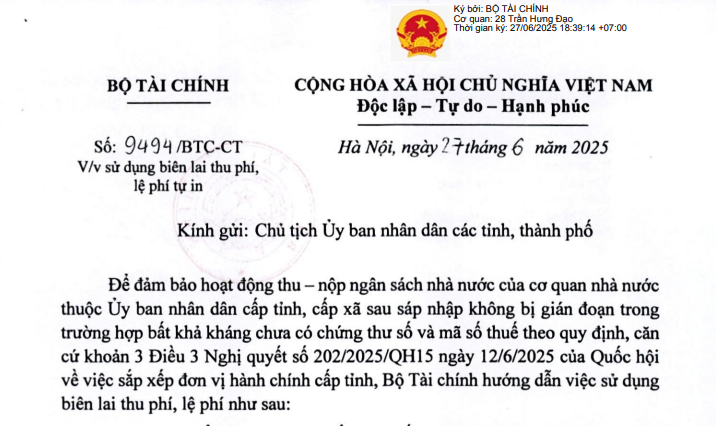 Công văn 9494/BTC-CT hướng dẫn mới về sử dụng biên lai thu phí, lệ phí tự in