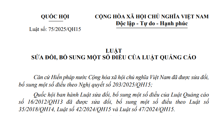 Đã có Luật sửa đổi Luật Quảng cáo 2025 Luật số 75/2025/QH15