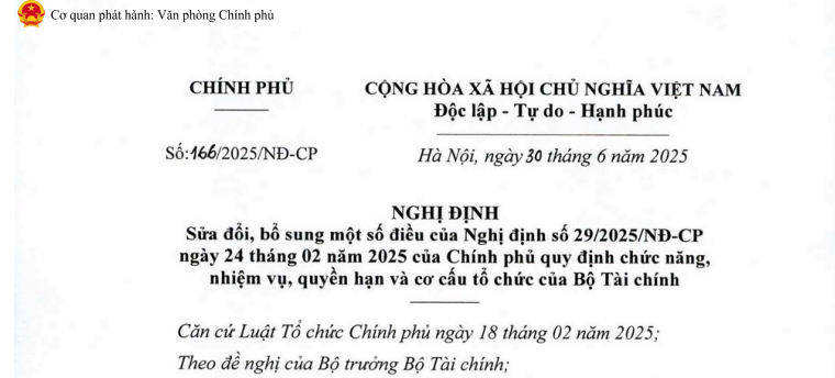 Đã có Nghị định 166/2025/NĐ-CP cơ cấu tổ chức mới của Bộ Tài chính từ 01/7/2025