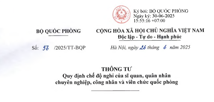Toàn văn Thông tư 56/2025/TT-BQP về chế độ nghỉ của sĩ quan, quân nhân chuyên nghiệp