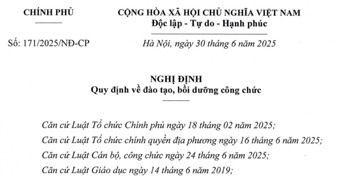 Đã có Nghị định 171/2025/NĐ-CP quy định đào tạo bồi dưỡng công chức