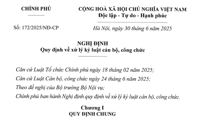 Đã có Nghị định 172/2025/NĐ-CP về xử lý kỷ luật cán bộ công chức