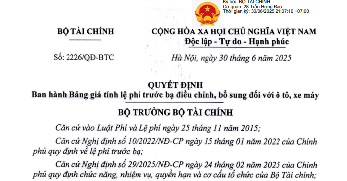 Đã có Quyết định 2226/QĐ-BTC về bảng giá tính lệ phí trước bạ đối với ô tô, xe máy (điều chỉnh, bổ sung)