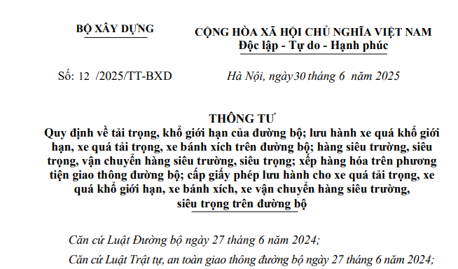Đã có Thông tư 12/2025/TT-BXD quy định về tải trọng, khổ giới hạn của đường bộ