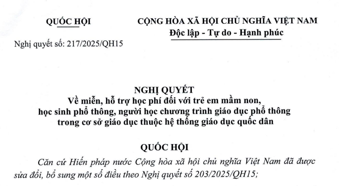 Đã có Nghị quyết 217/2025/QH15 về miễn hỗ trợ học phí đối với trẻ em mầm non học sinh