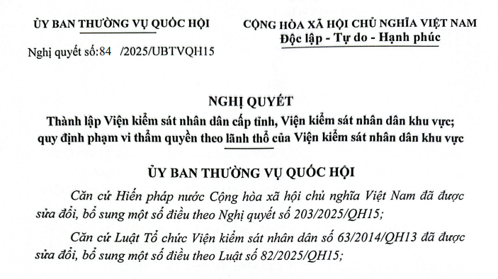 Đã có Nghị quyết 84/2025/UBTVQH15 thành lập Viện kiểm sát nhân dân các cấp