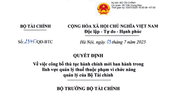Đã có Quyết định 2345/QĐ-BTC công bố thủ tục hành chính mới trong lĩnh vực quản lý thuế