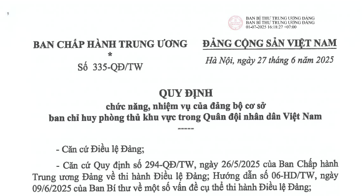 Đã có Quy định 335-QĐ/TW về chức năng nhiệm vụ của đảng bộ cơ sở ban chỉ huy phòng thủ khu vực trong Quân đội