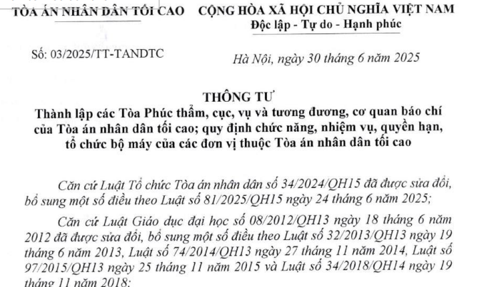 Đã có Thông tư 03/2025/TT-TANDTC thành lập Tòa Phúc thẩm và chức năng của Tòa án nhân dân tối cao